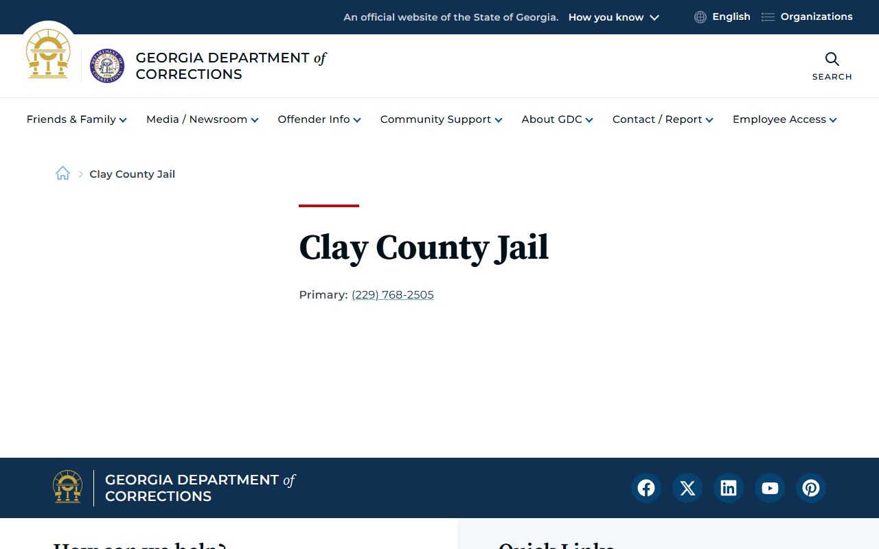 GDC Clay County Jail contact listing for inmate records
